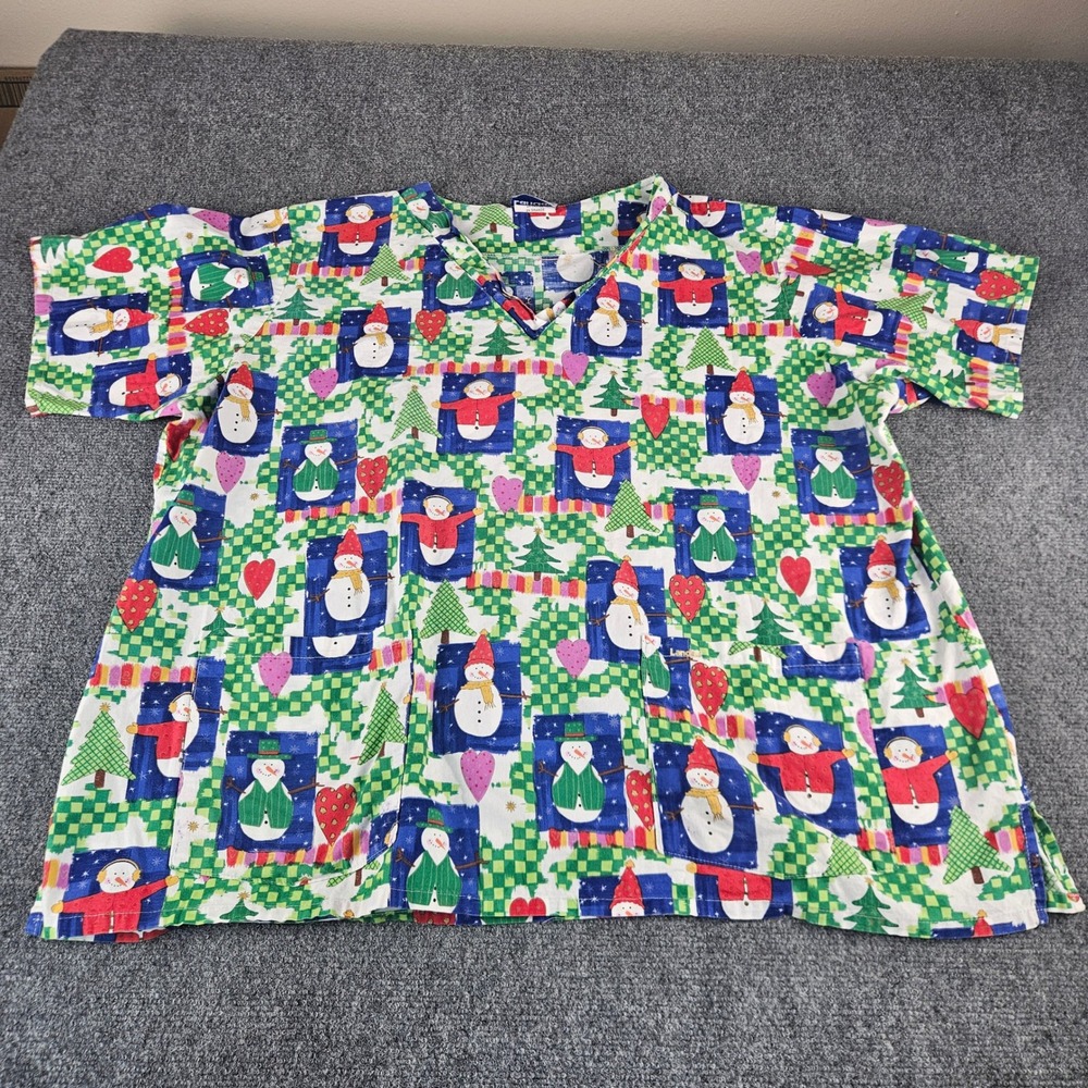 Landau Womens 2XL Scrub Top Snowman Christmas Holiday V-Neck Cotton Green Blue‎